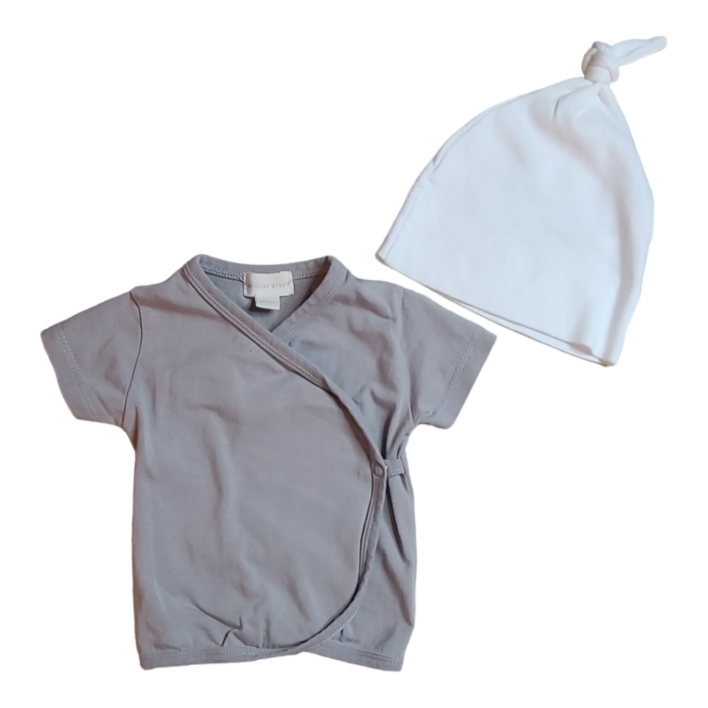 August River Organic Short Sleeve Kimono 6-9M & Colored Organics White Hat XS/S